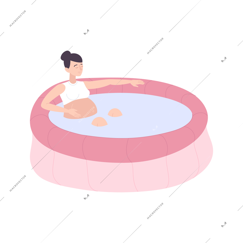 Childbirth motherhood flat composition with human character of pregnant woman relaxing in inflatable bath vector illustration