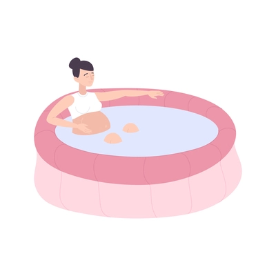 Childbirth motherhood flat composition with human character of pregnant woman relaxing in inflatable bath vector illustration