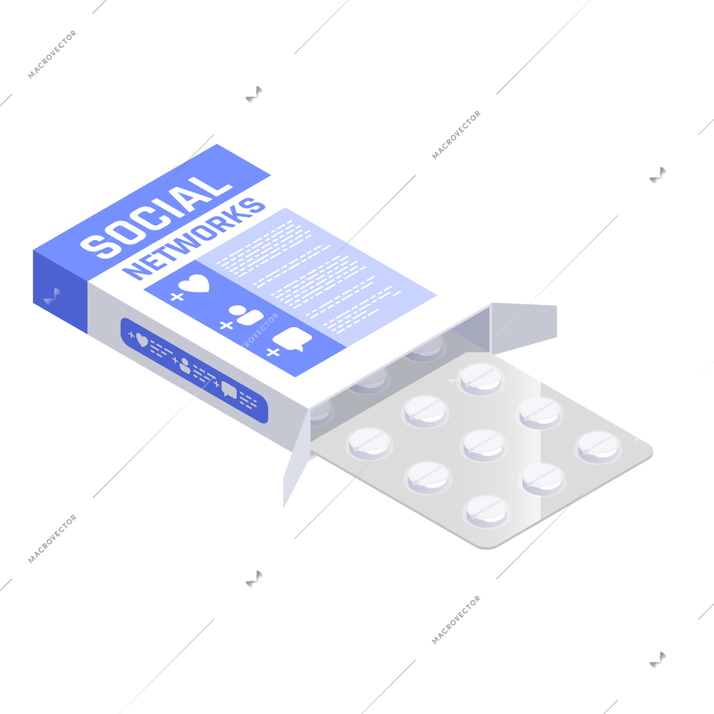 Social network addiction isometric composition with image of medical drugs pack of pills with branding vector illustration