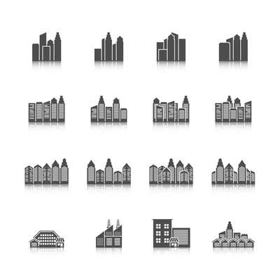 Modern residential urban settlement street buildings and industrial office edifice cityscape black isolated icons set vector illustration