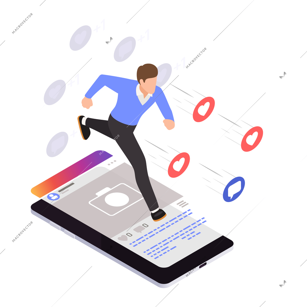 Social network addiction isometric composition with man running the smartphone feed chasing likes pictogram icons vector illustration