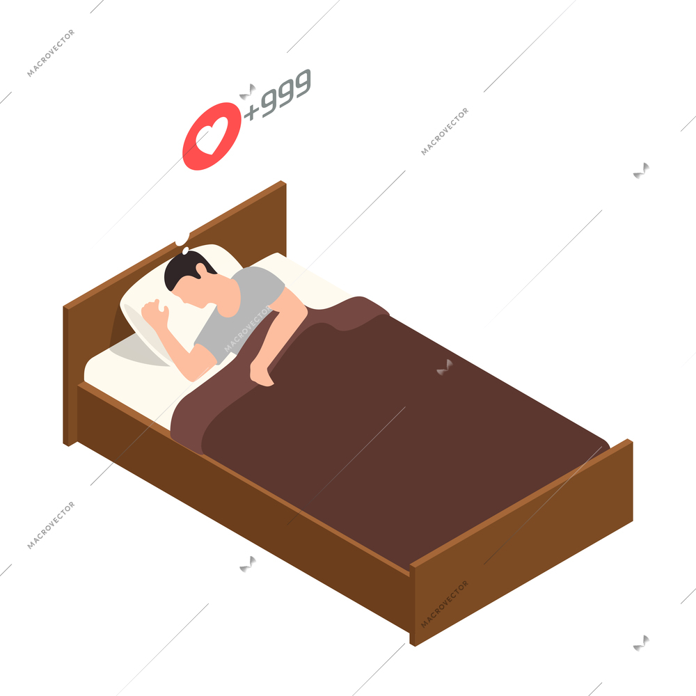 Social network addiction isometric composition with sleeping man in bed dreaming of many likes vector illustration