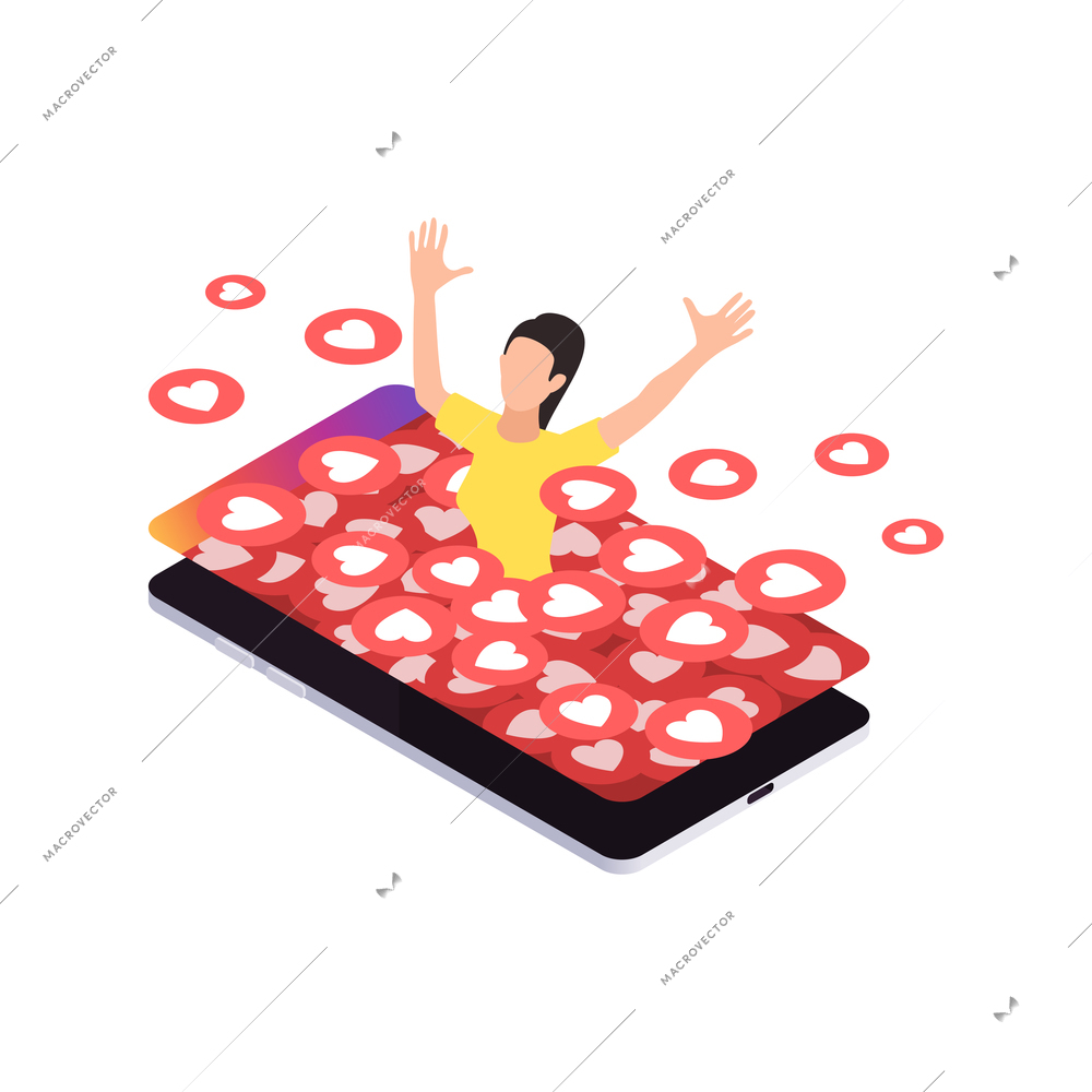 Social network addiction isometric composition with character of woman wallowing in smartphone pool full of likes vector illustration
