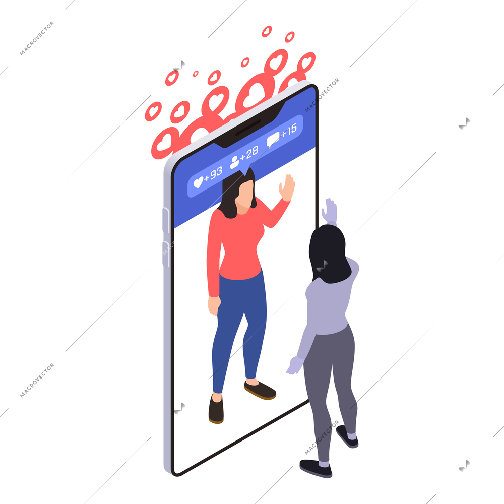 Social network addiction isometric composition with woman looking in smartphone mirror with pictograms of notifications vector illustration