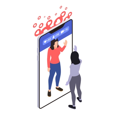 Social network addiction isometric composition with woman looking in smartphone mirror with pictograms of notifications vector illustration