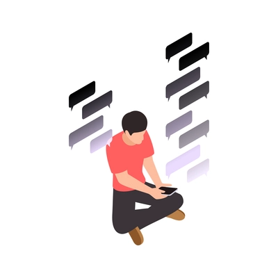 Social network addiction isometric composition with character of sitting guy with thought bubbles of smartphone messaging app vector illustration