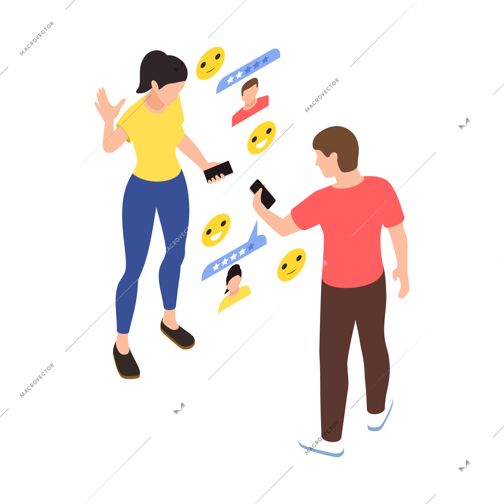 Social network addiction isometric composition with couple discovering internet profiles of each other with pictogram icons vector illustration