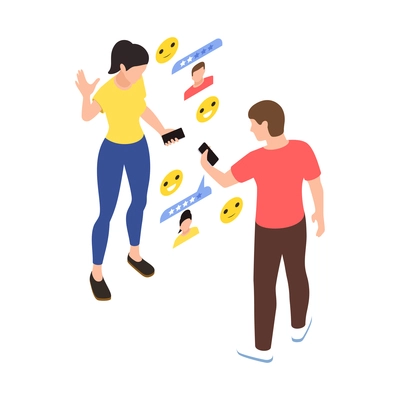 Social network addiction isometric composition with couple discovering internet profiles of each other with pictogram icons vector illustration