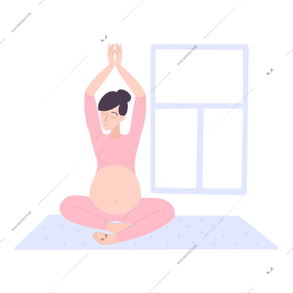 Childbirth motherhood flat composition with smiling character of pregnant woman doing yoga at home vector illustration