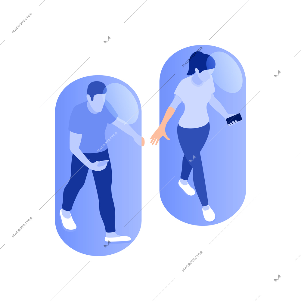 Social network addiction isometric composition with isolated human characters of walking people holding hands in capsules vector illustration
