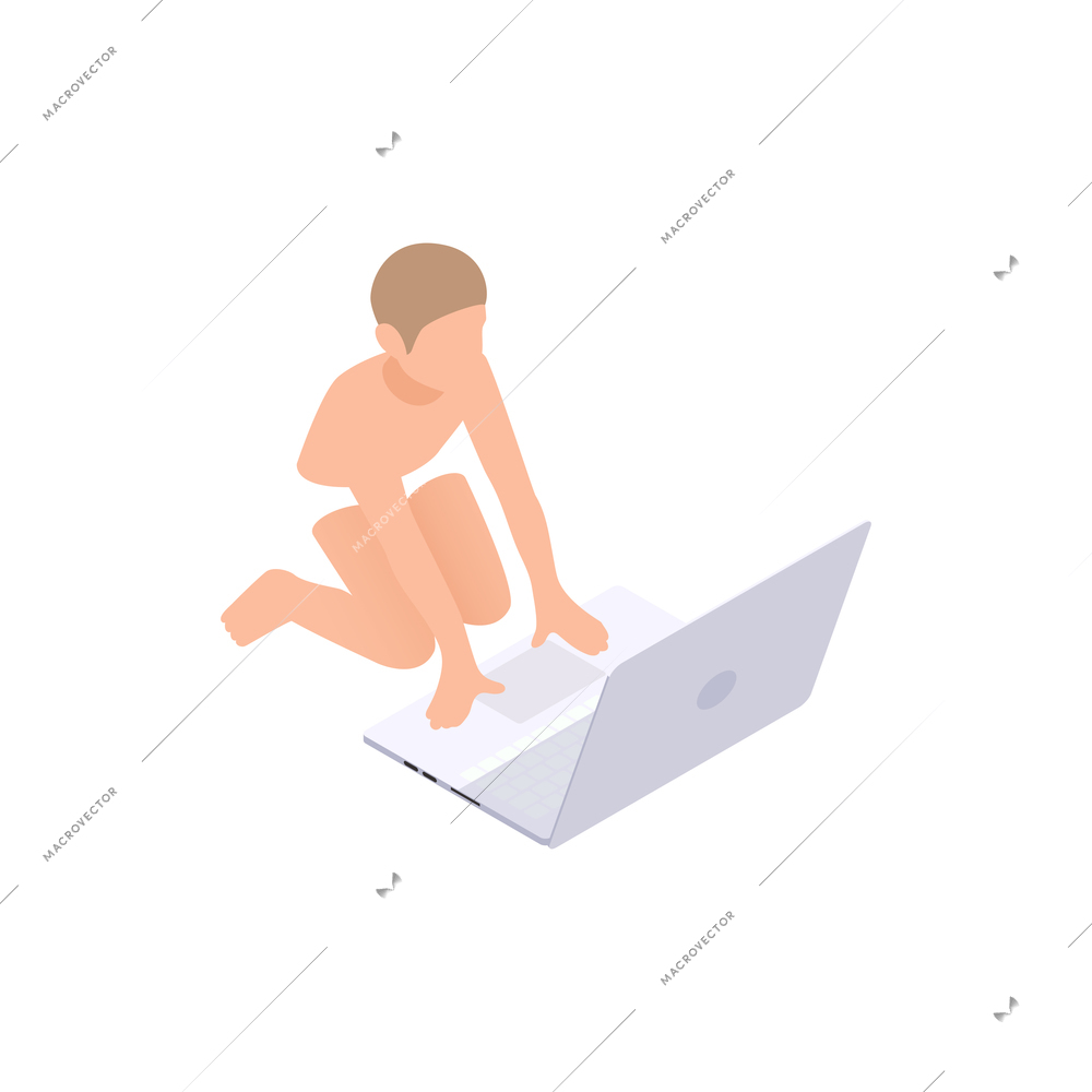 Social network addiction isometric composition with child character sitting in front of open laptop computer vector illustration