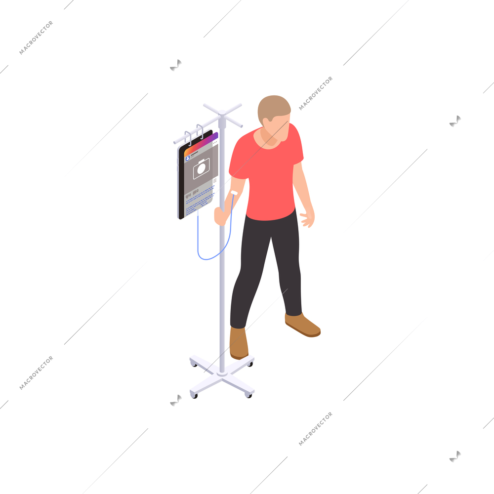 Social network addiction isometric composition with image of man connected to medical intravenous drip with feeds vector illustration