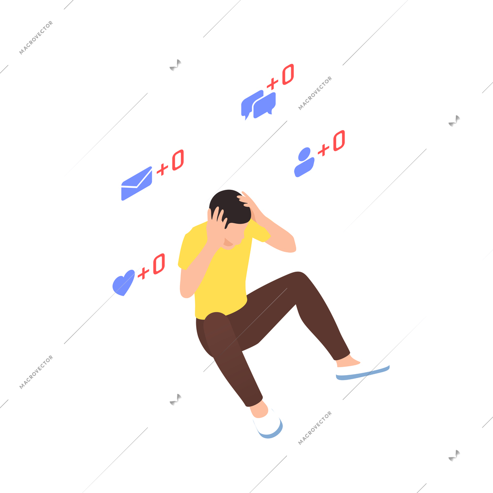 Social network addiction isometric composition with distracted man with no new likes messages of followers vector illustration