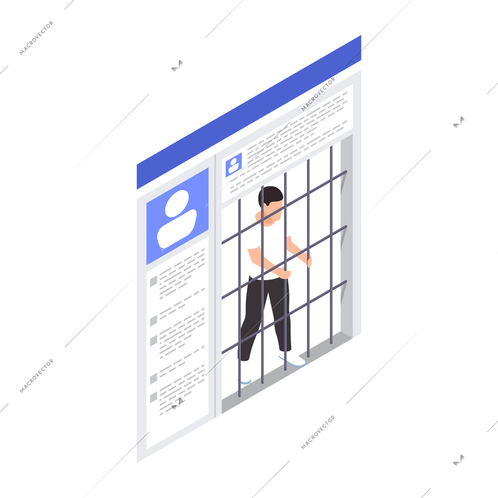 Social network addiction isometric composition with social network wall with encaged human character of user vector illustration