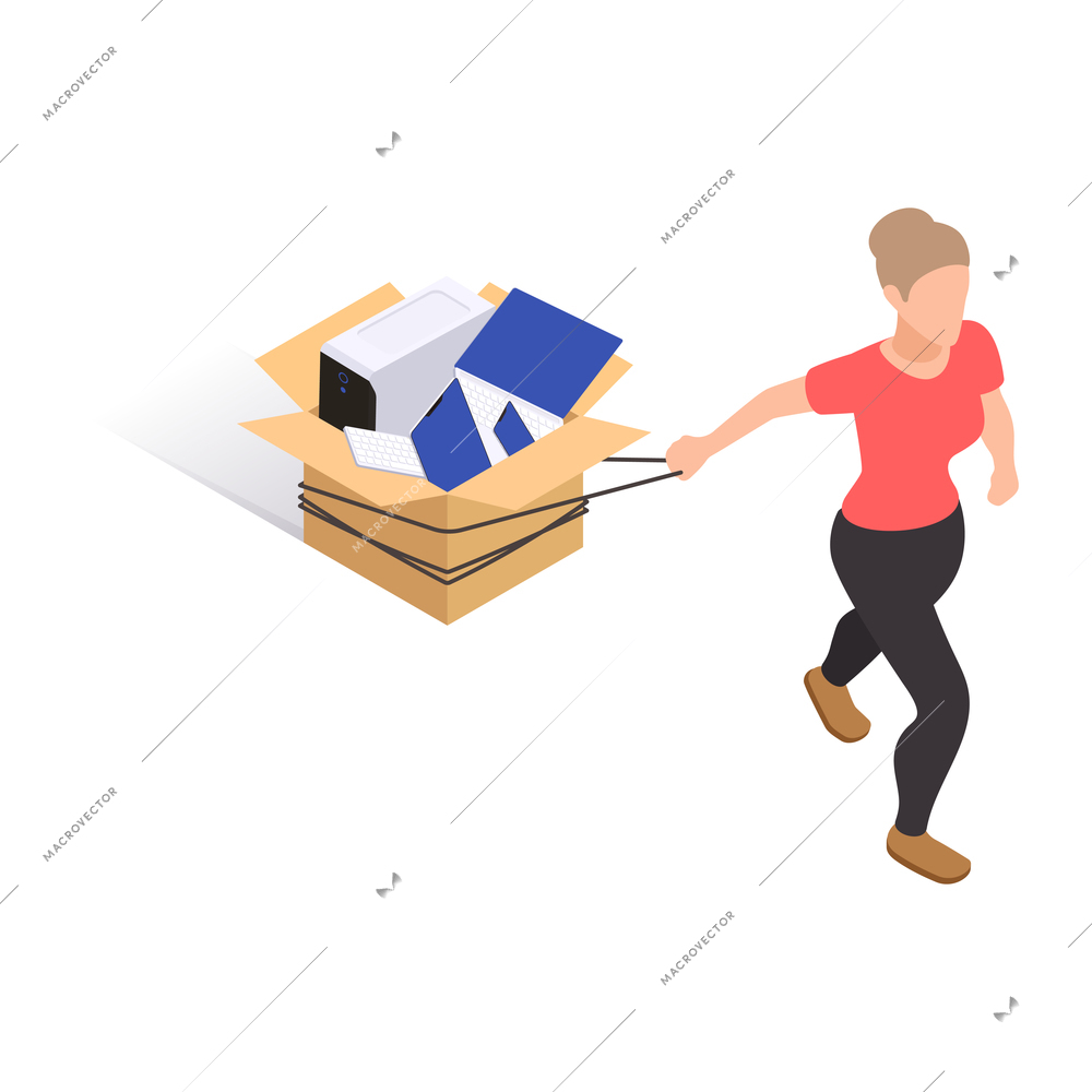 Social network addiction isometric composition with female character tugging along cardboard box with computers and gadgets vector illustration