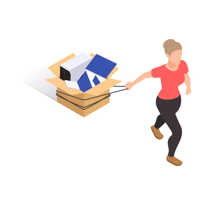 Social network addiction isometric composition with female character tugging along cardboard box with computers and gadgets vector illustration