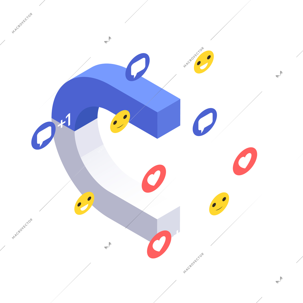 Social network addiction isometric composition with pictogram icons of social network likes reactions with magnet image vector illustration