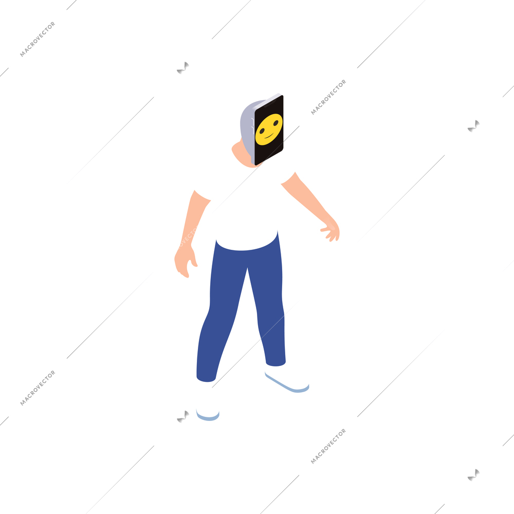 Social network addiction isometric composition with isolated image of human body with smartphone on face with emoticon vector illustration