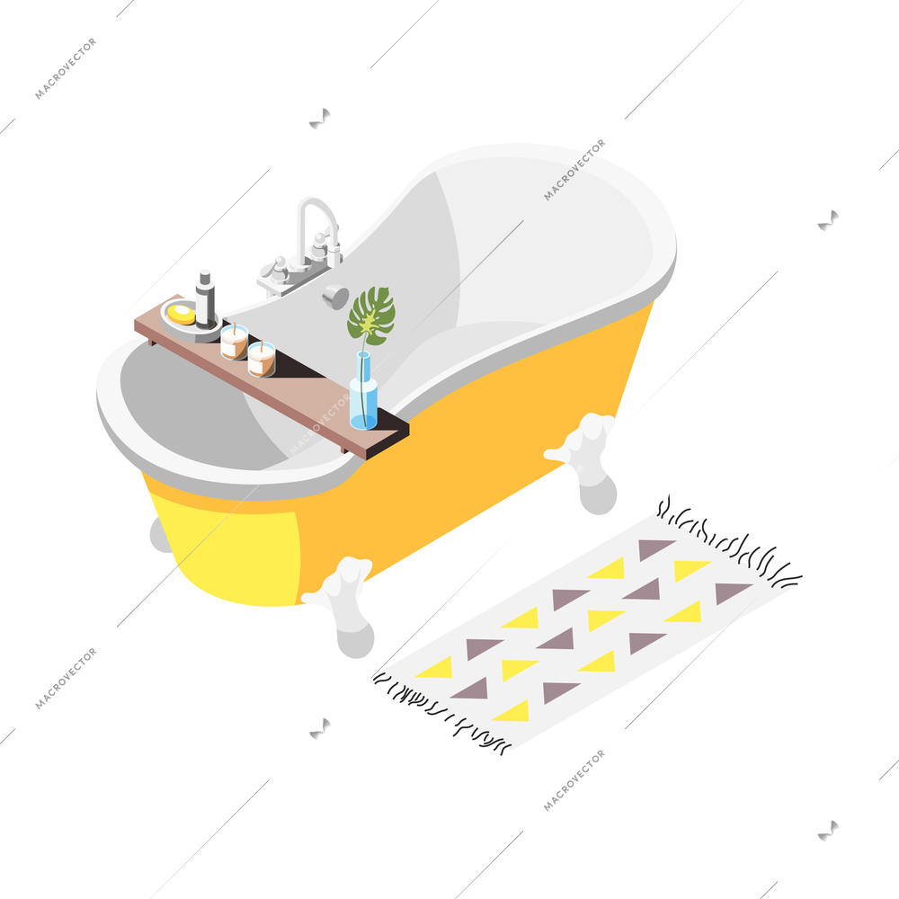 Loft interior isometric composition with view of bath tub with small wooden plank with candles and soap vector illustration