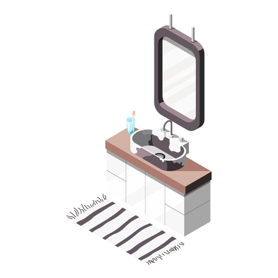 Loft interior isometric composition of bathroom furniture icons with vanity basin and hanging mirror vector illustration