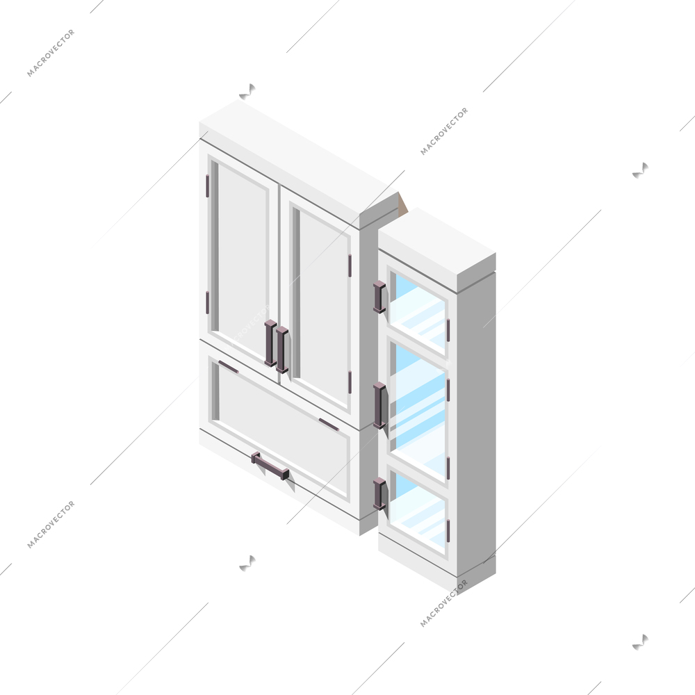 Loft interior isometric composition with isolated image of rack cabinets with transparent and non-transparent doors vector illustration