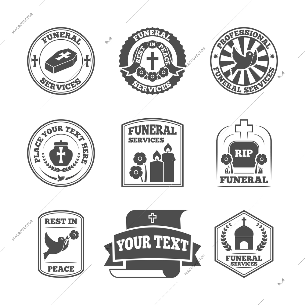 Funeral home undertaking ceremonial service fill in templates labels set with coffin candle pigeon vector isolated illustration