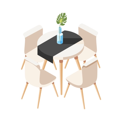 Loft interior isometric composition with images of chairs surrounding circle shaped dining table vector illustration