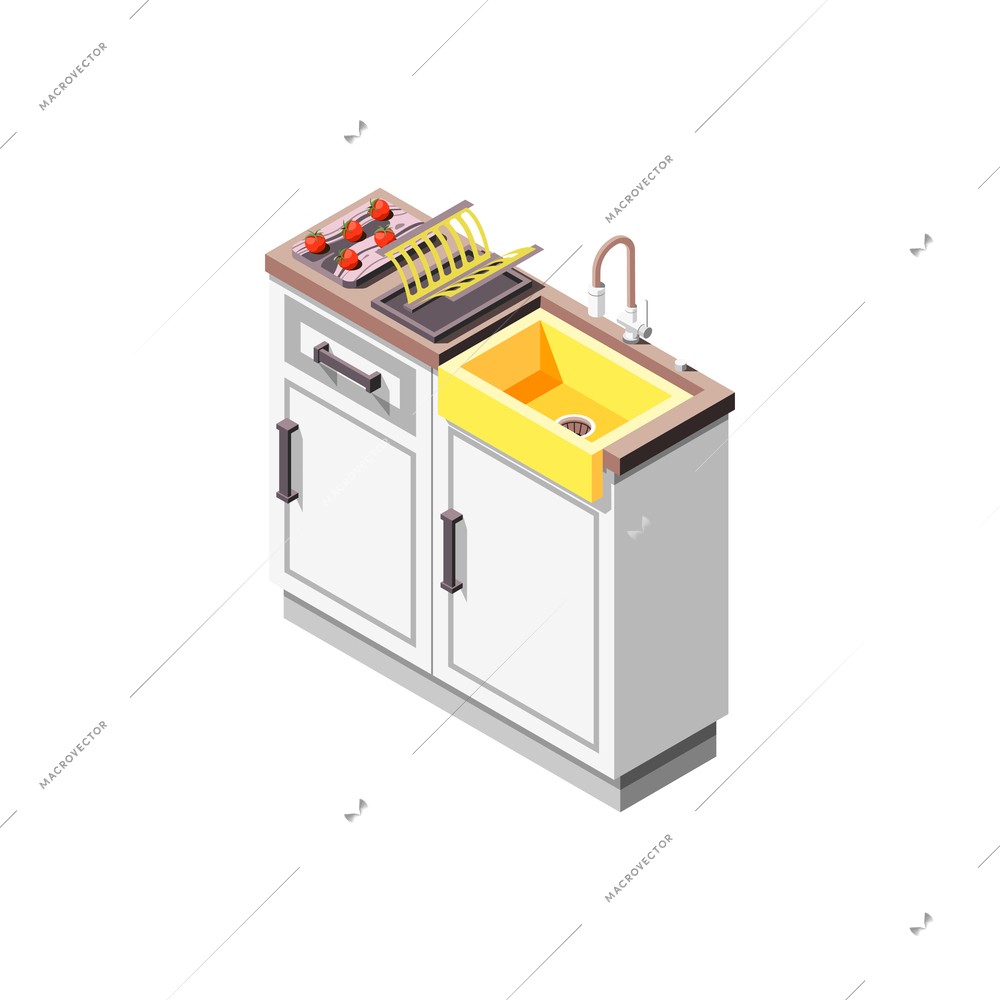 Loft interior isometric composition with kitchen furniture cabinets and wash basin with ripe potatoes vector illustration