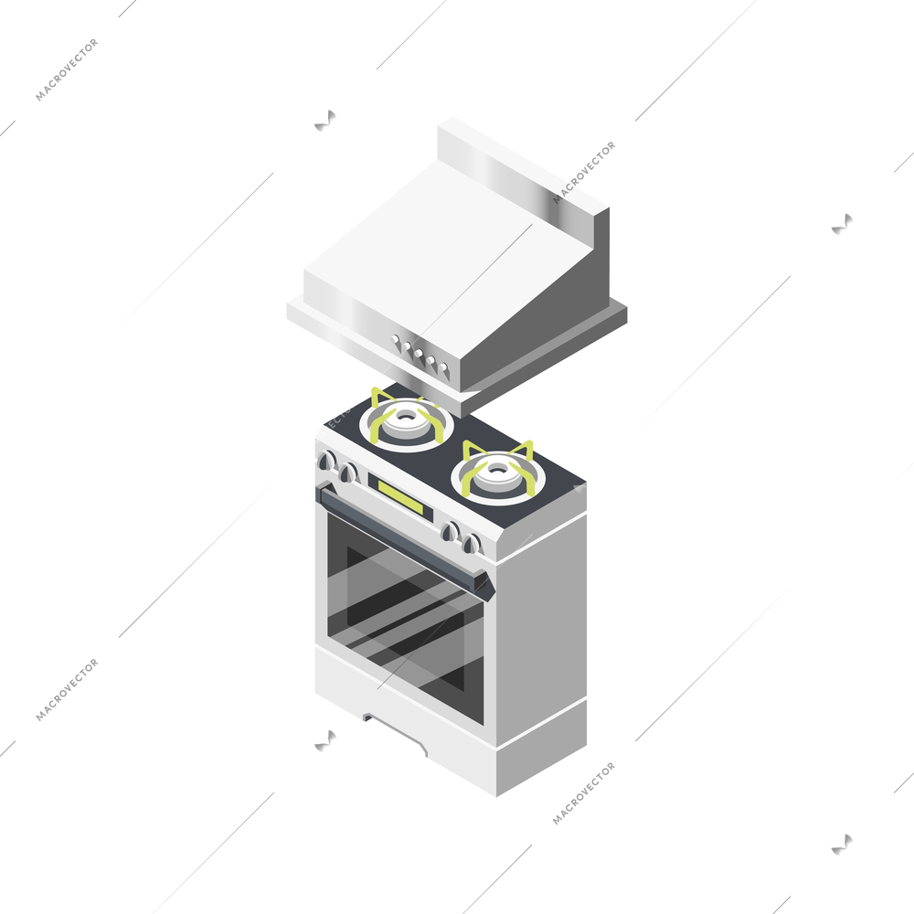 Loft interior isometric composition with isolated images of kitchen furniture cooking stove and hood vector illustration