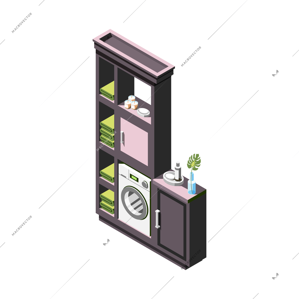 Loft interior isometric composition with isolated image of locker cabinet rack with fresh blankets soap and washing machine vector illustration