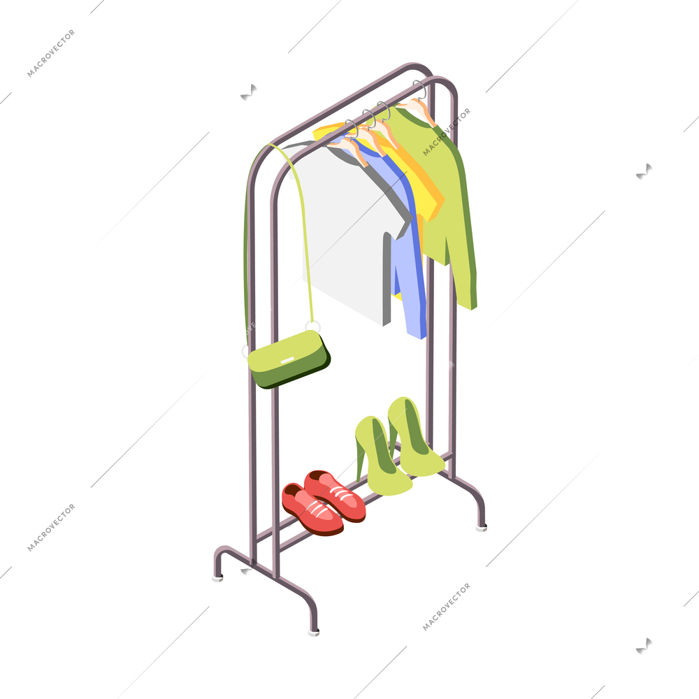 Loft interior isometric composition with icons of shoes and clothes hanging on rail of hall stand vector illustration
