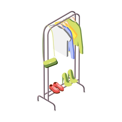 Loft interior isometric composition with icons of shoes and clothes hanging on rail of hall stand vector illustration