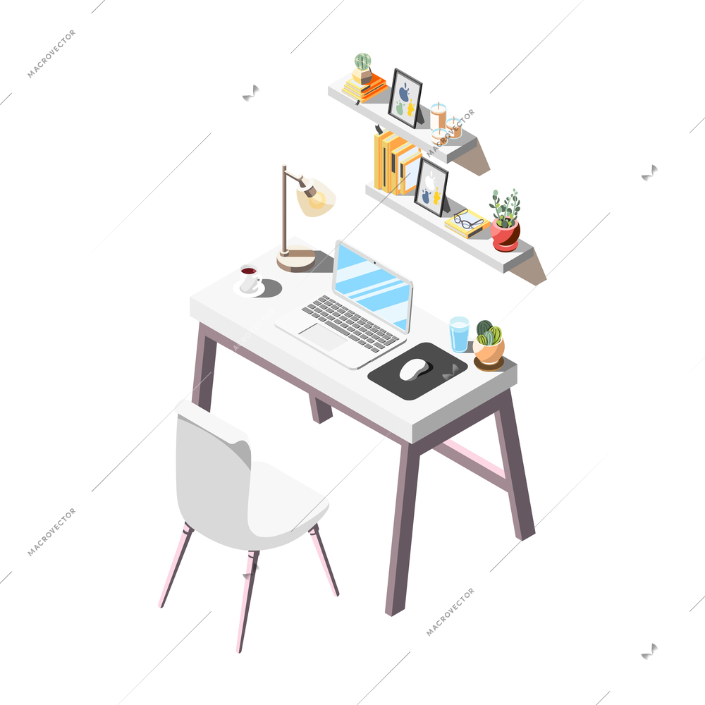 Loft interior isometric composition with isolated icons and pieces of living room furniture with shelves chair and table vector illustration