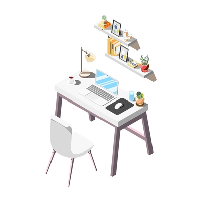 Loft interior isometric composition with isolated icons and pieces of living room furniture with shelves chair and table vector illustration