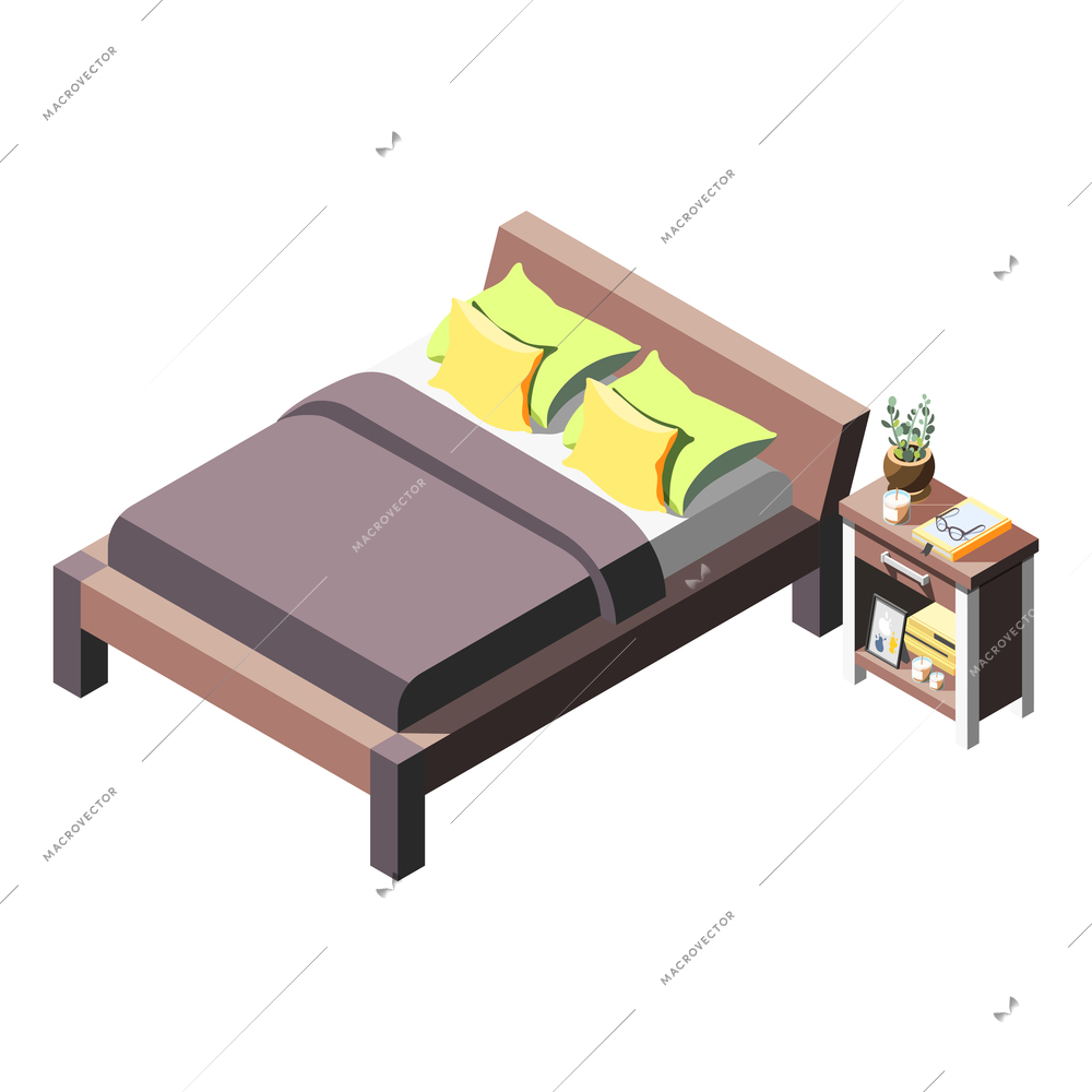 Loft interior isometric composition with images of neat bed with bedside table and small items vector illustration