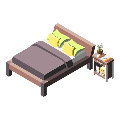 Loft interior isometric composition with images of neat bed with bedside table and small items vector illustration