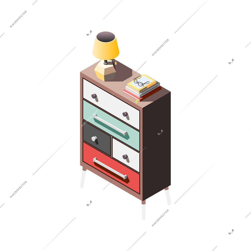 Loft interior isometric composition with image of cabinet with colourful shelves and books with lamp vector illustration