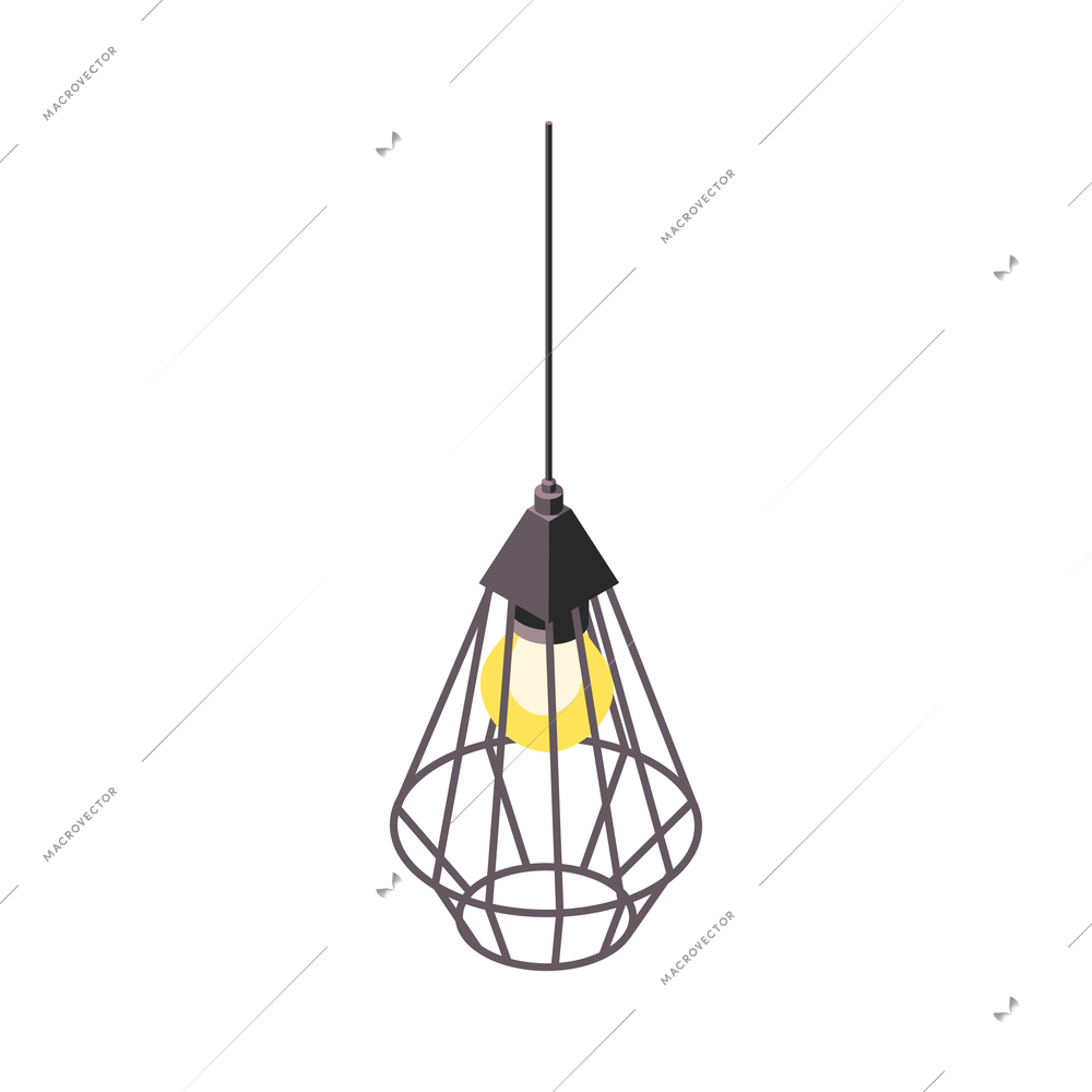 Loft interior isometric composition with image of cone shaped lamp shade with metallic grid on blank background vector illustration