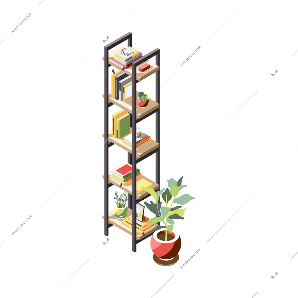 Loft interior isometric composition with high rack with shelves and books with flowers in pots vector illustration