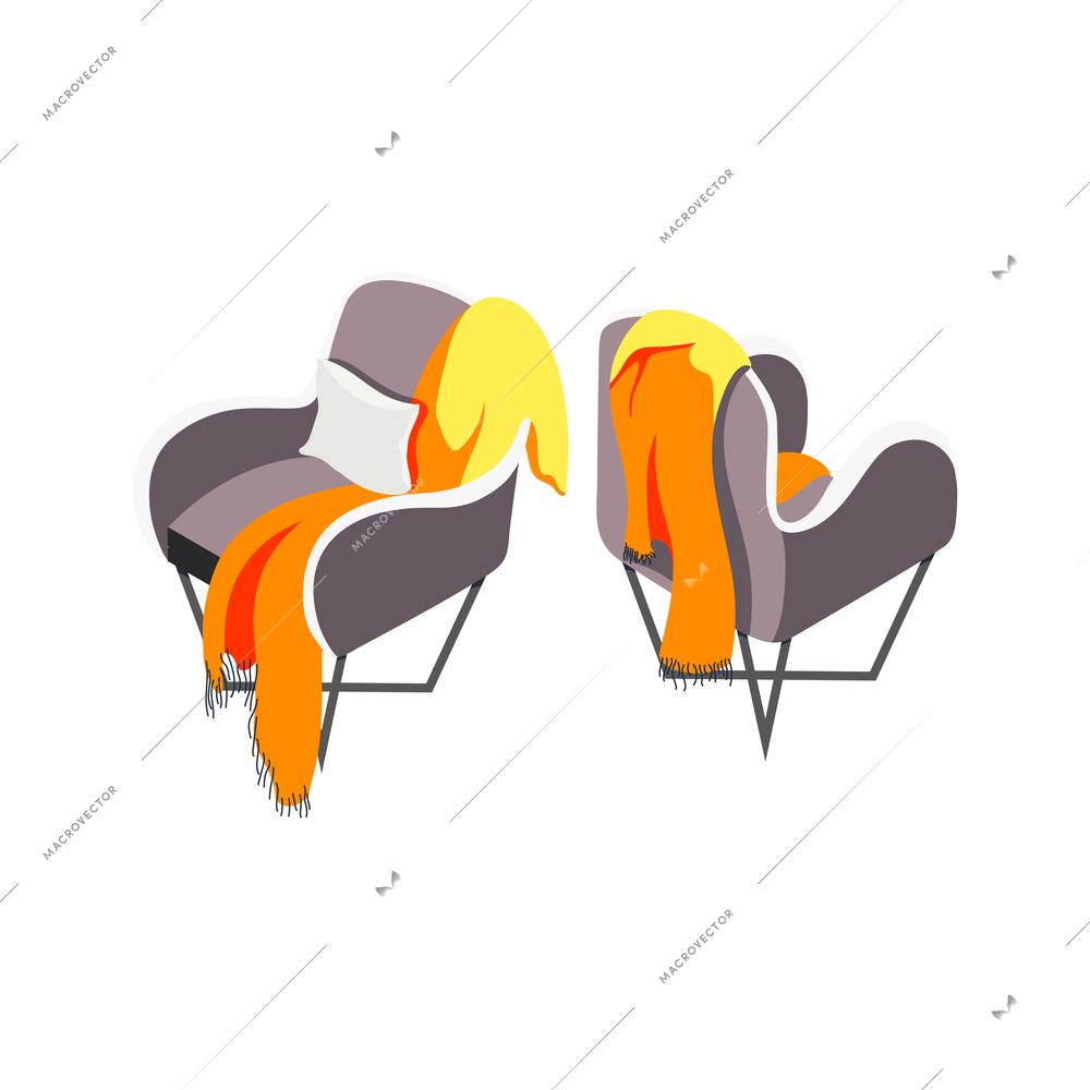 Loft interior isometric composition with designer furniture isolated images of two soft chairs with rug blanket vector illustration