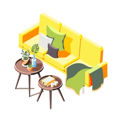 Loft interior isometric composition with view of sofa with pillows rug blanket and small tables vector illustration