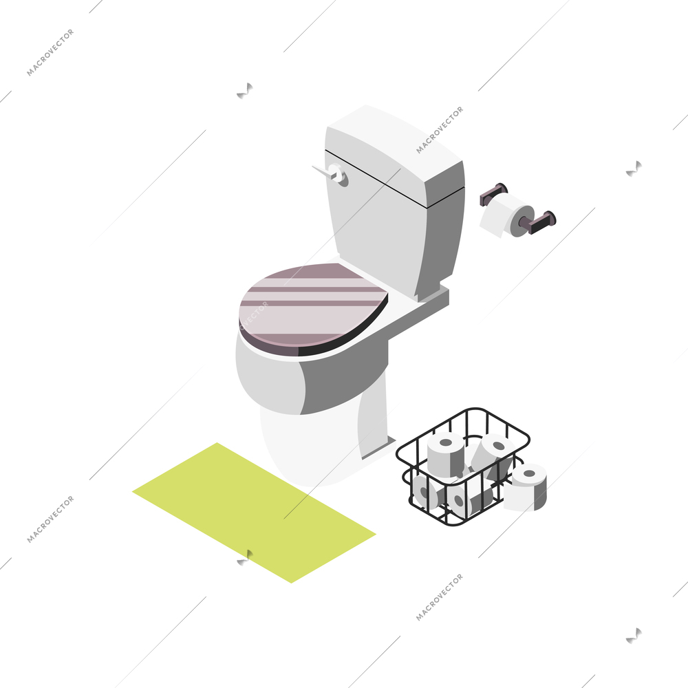 Loft interior isometric composition with images of toilet bowl with box of soft tissue paper vector illustration