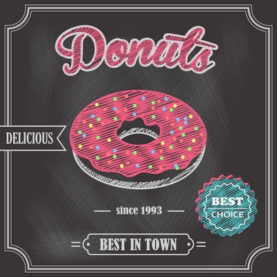 Sweet glazy delicious pink donut dessert best choice on cafe chalkboard poster vector illustration