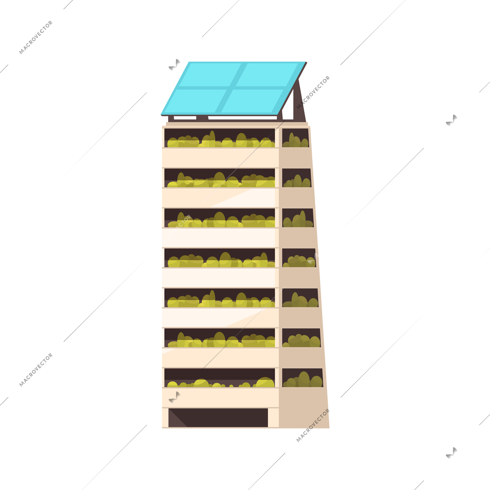 Smart city technology composition with isolated view of high building with solar batteries on roof vector illustration