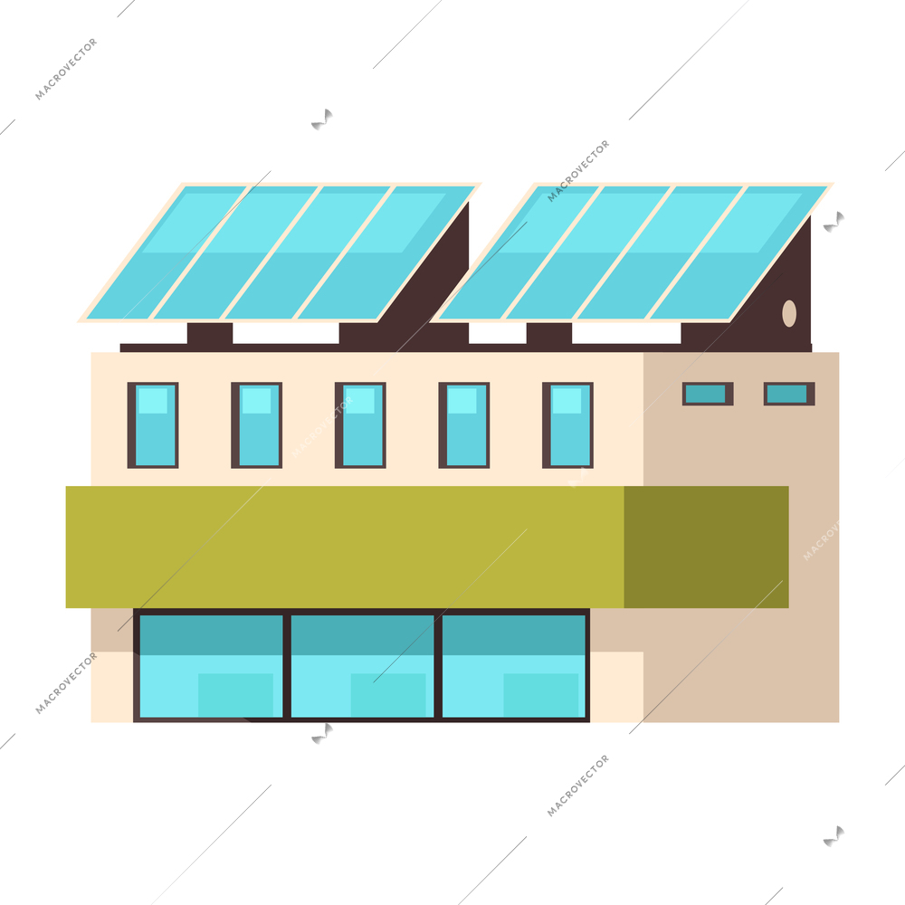 Smart city technology composition with isolated image of low rise building with windows and solar batteries vector illustration