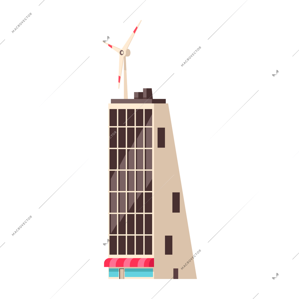 Smart city technology composition with wind turbine powered high building with air vane installed on roof vector illustration