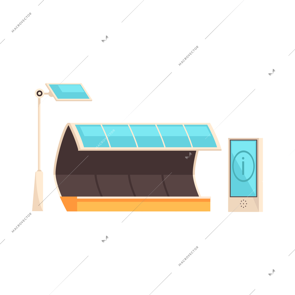 Smart city technology composition with isolated images of bus stop shelter information terminal and solar battery vector illustration