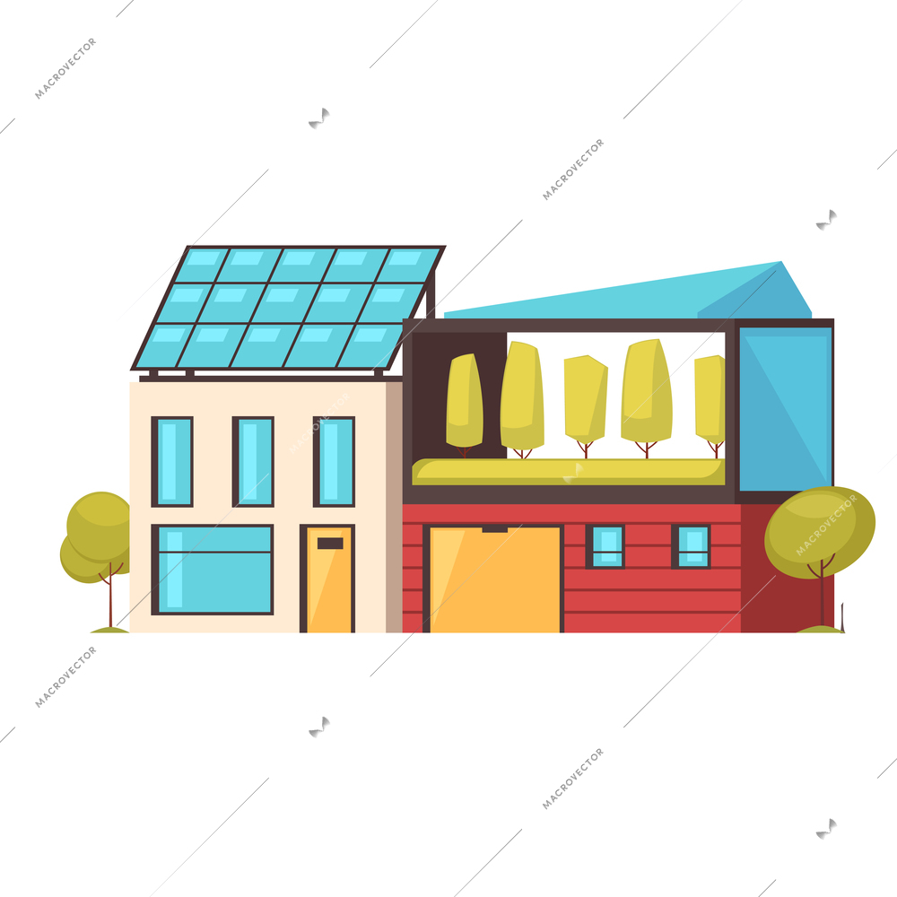 Smart city technology composition with low rise town buildings with green galleries and solar batteries vector illustration