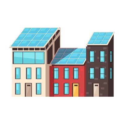 Smart city technology composition with view of row with three houses with solar batteries installed on roofs vector illustration