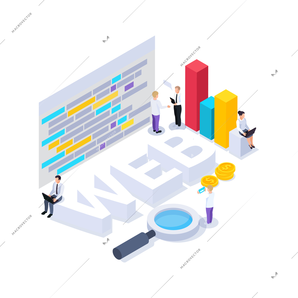 Web seo isometric composition with text and images of hand lens coins bar charts and people vector illustration